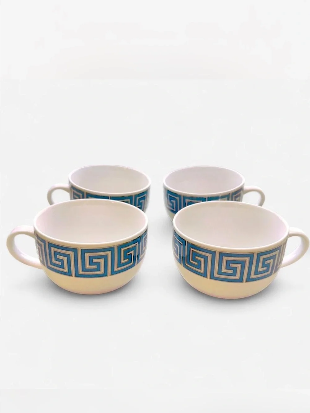 Blue Greek Key Ceramic Tea Cups - Set of 4